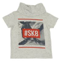 Bílé melírované tričko se skateboardistou a komínovým límcem Rebel