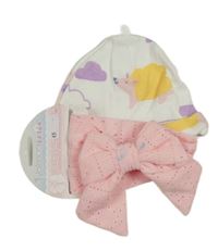 2set - Růžová madeirová čelenka s mašlí + smetanová bavlněná čepice s ježky