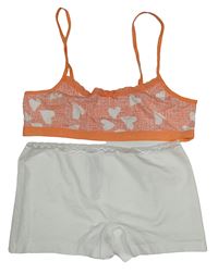 2set - Korálovo-bílá vzorovaná lambáda se srdíčky + bílé kalhotky s krajkou