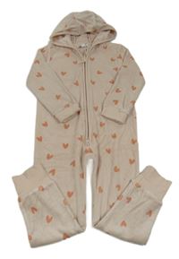 Pudrová sametová kombinéza se srdíčky a kapucí 