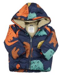 Tmavomodro-barevná šusťáková zimní bunda s dinosaury a kapucí F&F