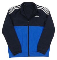 Tmavomodro-modrá šusťáková sportovní bunda s pruhy a logem Adidas