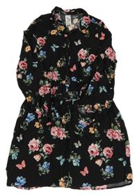 Černo-barevné květované lehké šaty s páskem C&A