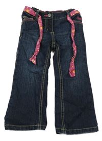 Tmavomodré flare rifle s výšivkami a růžovým páskem Lupilu