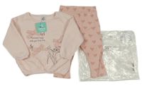 Nové - 2 set - růžové žebrované legíny se srdíčky + mikina s mašlemi a Bambim Disney