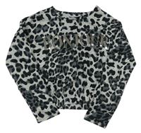 Šedo-černé úpletové triko s leopardím vzorem a nápisem Primark