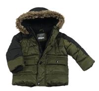 Khaki-černá šusťáková zimní bunda s kapucí s kožešinou zn. Primark