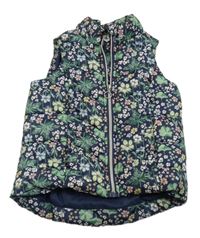 Tmavomodrá květovaná šusťáková zateplená vesta H&M