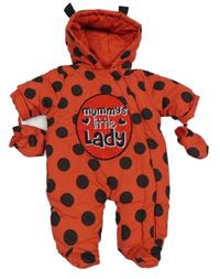 Nové - Červeno-černá puntíkatá šusťáková zimní kombinéza s nápisem a kapucí + rukavice 