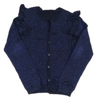 Tmavomodrý třpytivý propínací svetr s volánky Hema