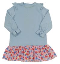 Světlemodro-růžové teplákové šaty s volánky a květovanou sukní 