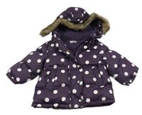 Fialovo-bílá puntíkatá šusťáková zimní bunda s kapucí s kožešinou Mamas&Papas