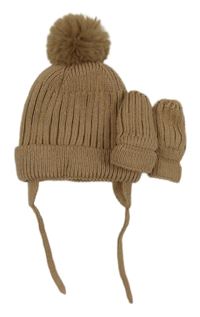 2set - Hnědá čepice s bambulí + rukavice Kiabi  