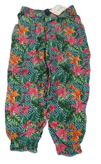 Nové - Zeleno-modro-růžové květované lehké cuff kalhoty CRAFTED