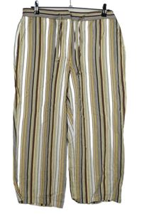 Dámské hnědo-bílo-žluté pruhované lněné culottes kalhoty 