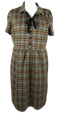 Dámské černo-hnědé kostkované košilové šaty s vázačkou 