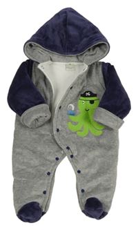 Šedo-tmavomodrá sametová zateplená kombinéza s chobotnicí 