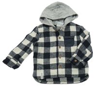 Tmavomodro-bílá kostkovaná flaušová košilová bunda s kapucí Topomini