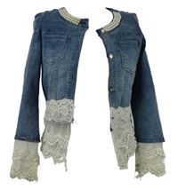 Dámská modrá riflová bunda s krajkou a perlami 