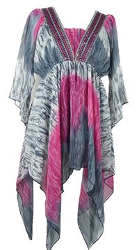 Dámská šedo-růžová šifonová asymetrická tunika s výšivkou 