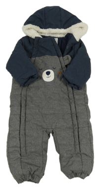 Tmavomodro-šedá šusťáková zimní kombinéza s medvědem a kapucí 