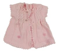 Světlerůžová pletená propínací vesta s kytičkami