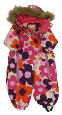 Béžovo-růžová šusťáková zimní kombinéza s květy a kapucí 