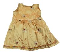 Zlaté slavnostní šaty s květy a výšikami 