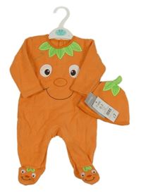 Nové - 2set- Oranžový fleecový overal + čepice - dýně George
