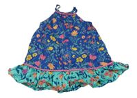 Tmavomodro-mátové plátěné květované šaty