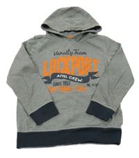 Šedo-tmavomodrá mikina s nápisem a kapucí 