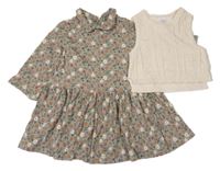 2set - Khaki květované bavlněné šaty + béžová pletená crop vesta Willow&Whistle
