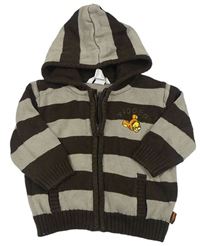 Tmavohnědo-šedobéžový pruhovaný propínací svetr s Tygrem a kapucí zn. H&M