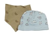2Set - Světlemodrá čepice se zvířátky + béžový mušelínový šátek/slinták s duhami