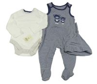 Nový - 3Set - Tmavomodro-bílé pruhované dupačky s medvídky a kapsou + čepice + bílo/světlešedé body George