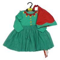 Nové - 2Set - Zelené bavlněno/tylové šaty - elfka + červeno/zelená čepice St. Bernard