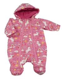 Růžová prošívaná šusťáková zimní kombinéza s jednorožci a obrázky a kapucí zn. St. Bernard