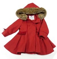 Červený flaušový podšitý kabát s kapucí s kožešinou F&F