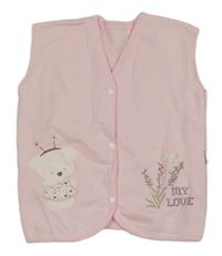 Světlerůžová vzorovaná propínací tepláková vesta s medvídkem