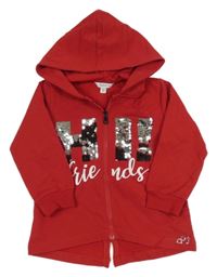 Červená propínací mikina s písmenky z překlápěcích flitrů a nápisem a kapucí dodipetto