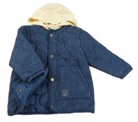 Tmavomodrá prošívaná šusťáková jarní zateplená bunda s medvídkem a kapucí so cute