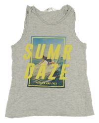 Světlešedé melírované tílko se surfařem a nápisy H&M
