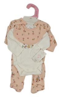 Nové - 3Set - Broskvový overal s kytičkami a houbičkami + šátek + bílé body s obrázkem PRIMARK