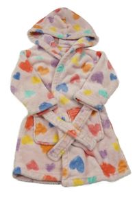 Světlerůžový plyšový župan s barevnými srdíčky a kapucí F&F