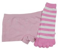 2Set - Světlerůžové puntíkaté nohavičkové kalhotky s kočičkami + růžovo/bílé pruhované prstové ponožky