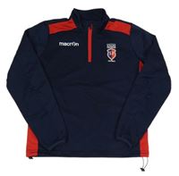 Tmavomodro-červená sportovní mikina s výšivkou zn. Macron