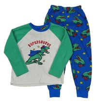 Světlešedo-zeleno-safírové fleecové pyžamo s dinosaury zn. Primark