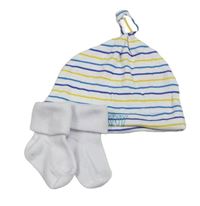 2set - Bílo-modro-žlutá pruhovaná bavlněná čepice + bílé ponožky