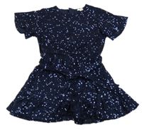 Tmavomodrý flitrový slavnostní kraťasový overal s páskem River Island