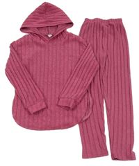 2Set - Tmavorůžové melírované žebrované úpletové mikinotriko s nášivkou + legíny